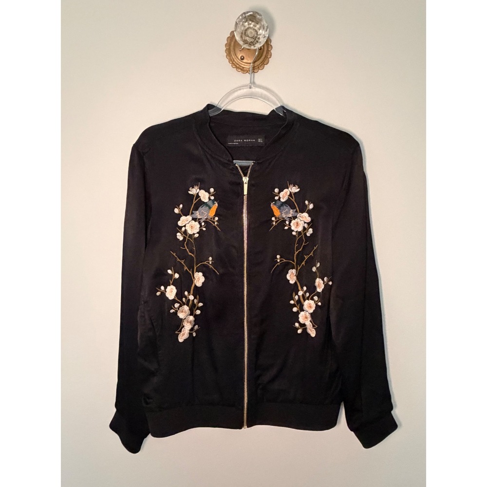 Zara Woman Black Satin-Look Viscose Embroidered Floral Bird Bomber Jacket Small